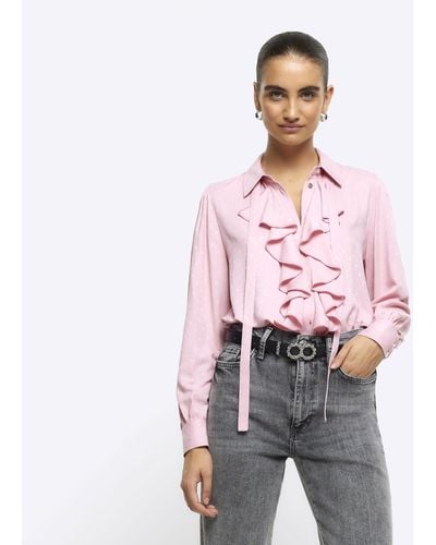 River Island Pink Frill Tie Neck Shirt - Red