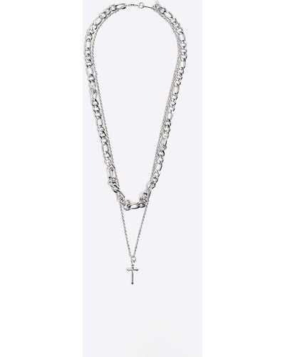 River Island Silver Color Multirow Cross Necklace - White