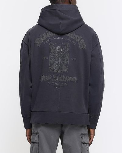 River Island Washed Regular Gothic Graphic Hoodie - Blue