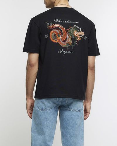 River Island Black Regular Fit Embroidered Dragon T-shirt