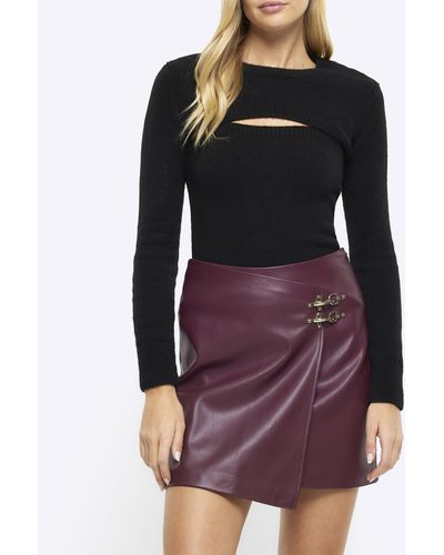 River Island Red Faux Leather Buckle Wrap Mini Skirt - Black