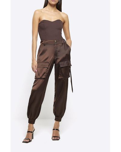 River Island Brown Satin Cuffed Cargo Trousers - Black