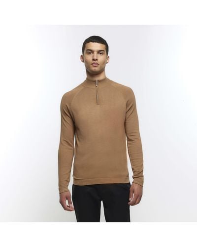 River Island Stone Half Zip Knitted Jumper - Natural