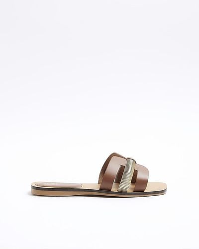 River Island Brown Leather Flat Sandals - White