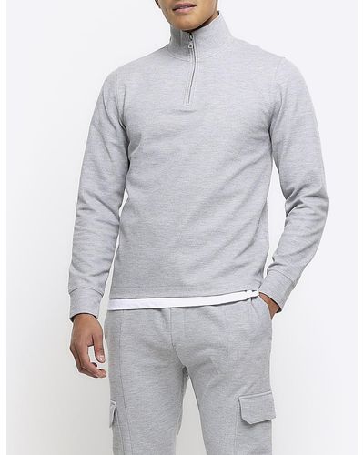 River Island Gray Slim Fit Textured Funnel Sweatshirt