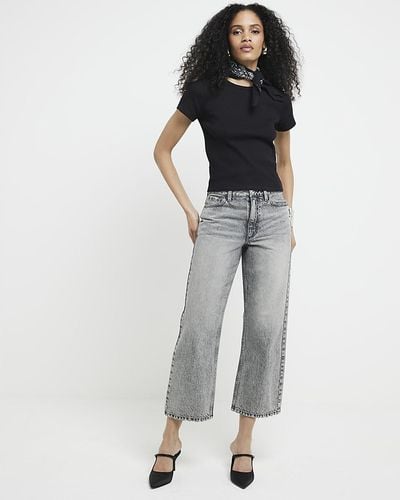 River Island Gray Relaxed Straight Fit Cropped Jeans
