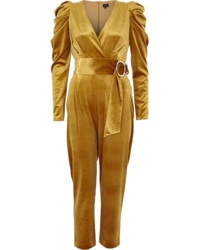 River Island Yellow Velvet Puff Sleeve Belted Jumpsuit