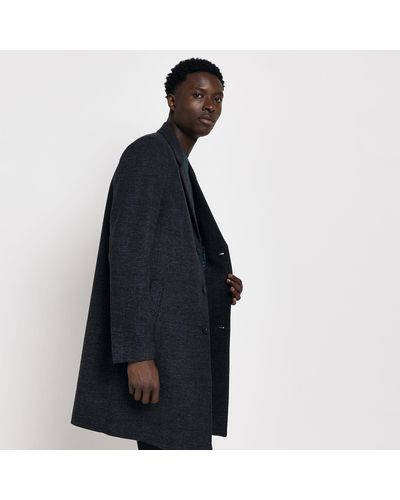 River Island Twill Button Through Wool Blend Coat - Blue