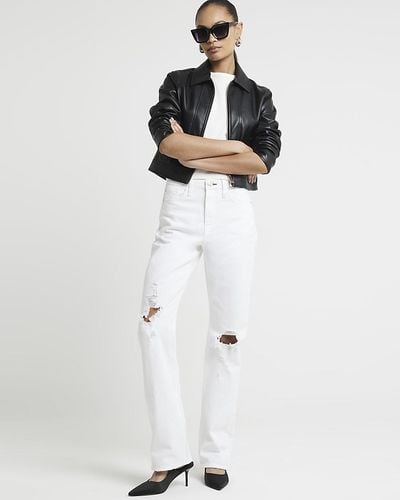 River Island High Waisted Ripped Slim Straight Jeans - White
