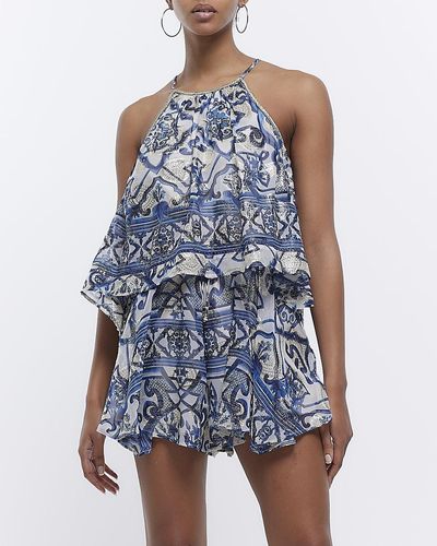 River Island Tile Print Tiered Playsuit - Blue