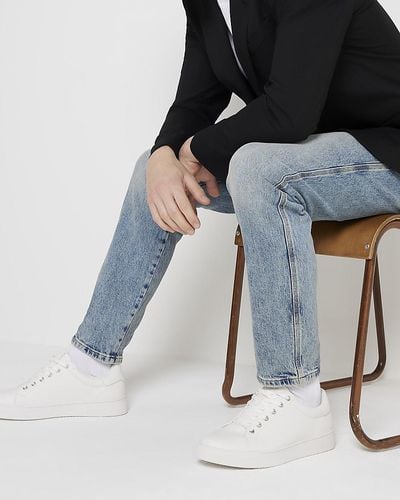River Island White Lace Up Sneakers - Blue