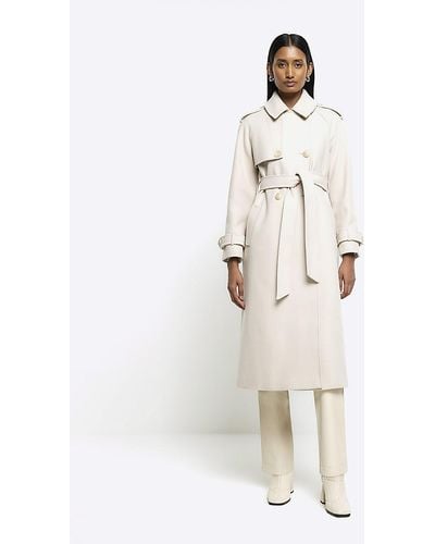 River Island Brown Belted Longline Trench Coat - White