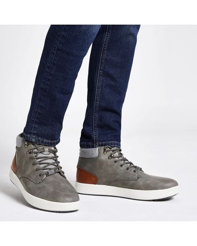 River Island Faux Leather Mid Top Trainers - Grey