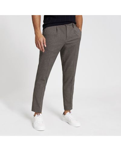 River Island Check Skinny Pleated Smart Trousers - Brown
