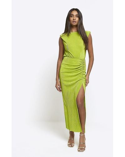 River Island Lime Plisse Ruched Bodycon Midi Dress - Green