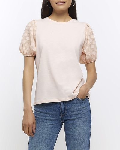 River Island Coral Woven Sleeve T-shirt - White