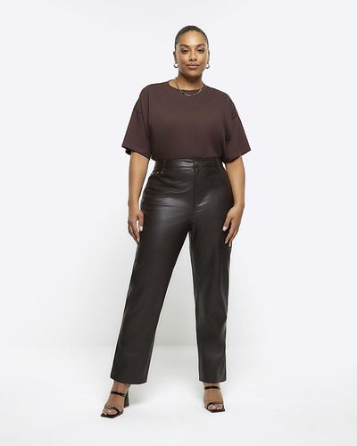 River Island Plus Brown Faux Leather Straight Trousers