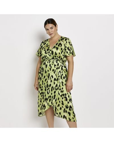 River Island Leopard Print Wrap Midi Dress - Yellow