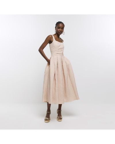 River Island Pink Textured Prom Swing Midi Dress - Natural