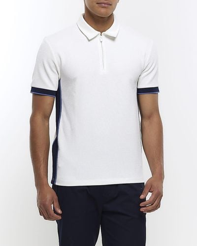 River Island White Slim Fit Textured Taped Polo Shirt