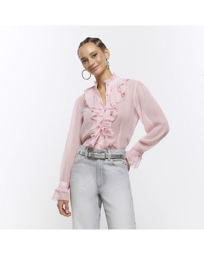 River Island Pink Frill Fluted Cuff Blouse