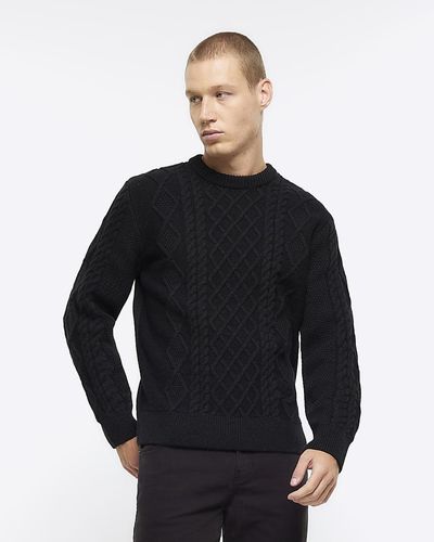 River Island Black Slim Fit Cable Knit Sweater