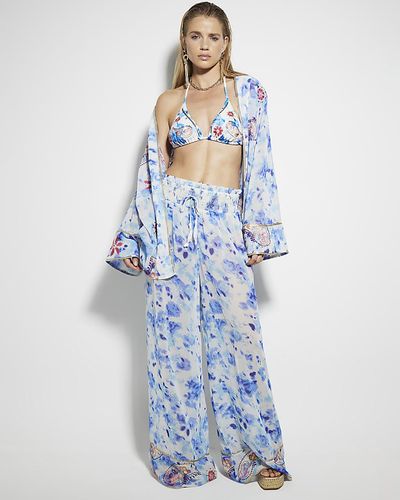 River Island Tie Dye Embroidered Wide Leg Pants - Blue