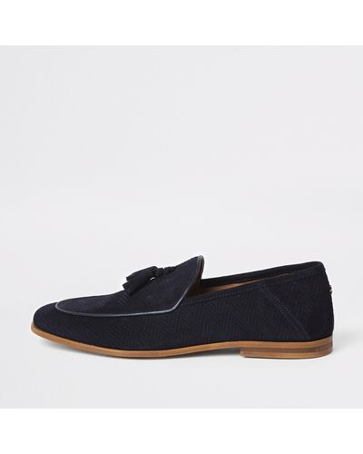 River Island Navy Suede Wasp Embroidery Loafers - Blue