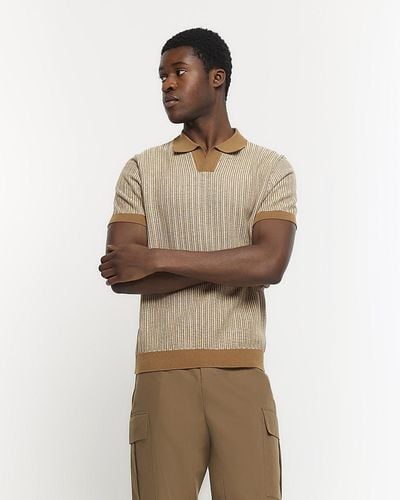 River Island Brown Slim Fit Knitted Stripe Polo - Natural