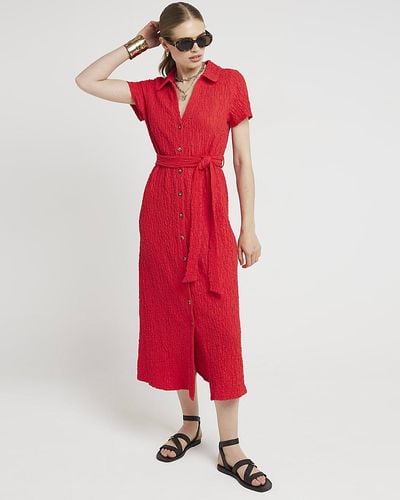 River Island Textu Belted Midi Shirt Dress - Red