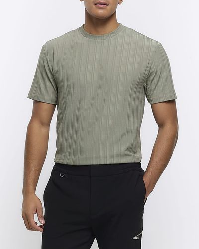 River Island Khaki Regular Fit Plisse Textured T-shirt - Grey