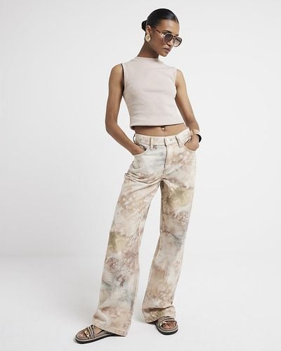 River Island Beige High Waisted Tie Dye Wide Leg Jeans - Natural
