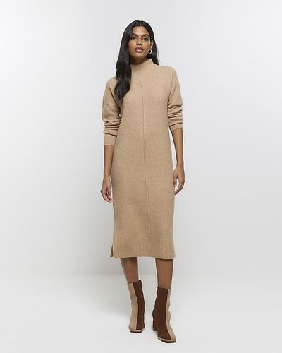 River Island Brown Knitted Sweater Midi Dress - Natural