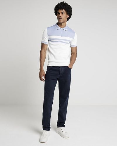 River Island White Muscle Fit Color Block Knit Polo Shirt