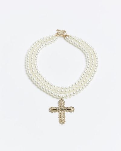 River Island White Pearl Cross Multirow Necklace