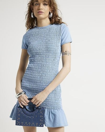 River Island Blue Shirred T-shirt Mini Dress