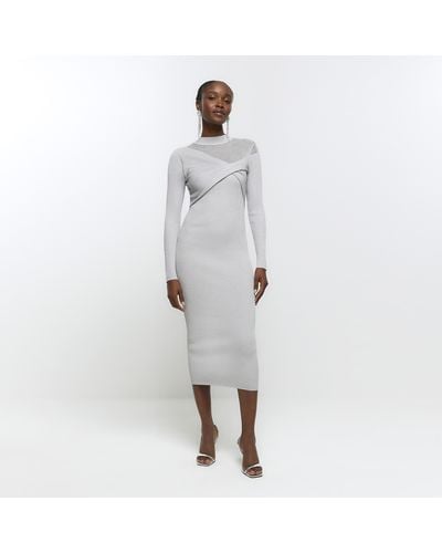 River Island Silver Sheer Detail Bodycon Midi Dress - White