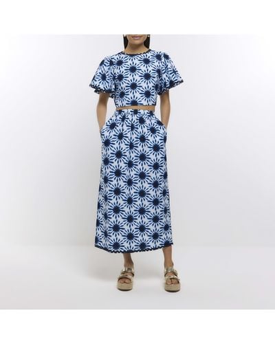 River Island Print Maxi Skirt With Linen - Blue