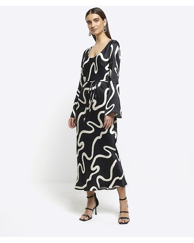 River Island Black Abstract Belted Slip Midi Dress - White