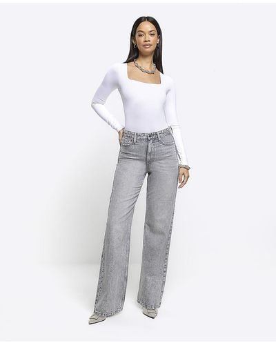 River Island Grey High Waisted Relaxed Straight Fit Jeans - White