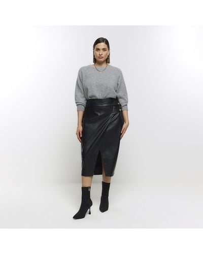 River Island Plus Black Faux Leather Wrap Midi Skirt - Grey