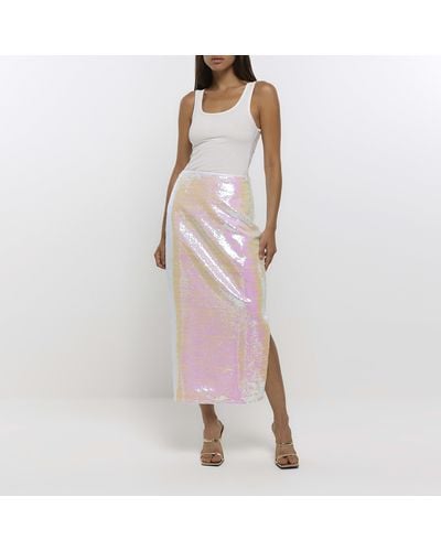 River Island White Sequin Iridescent Maxi Skirt - Pink