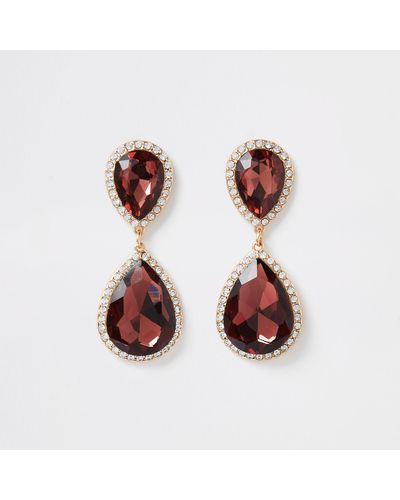 River Island Gold Tone Burgundy Jewel Drop Earrings - Metallic