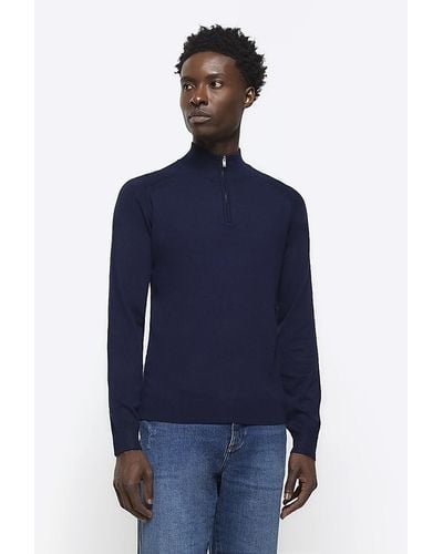 River Island Navy Slim Fit Half Zip Sweater - Blue