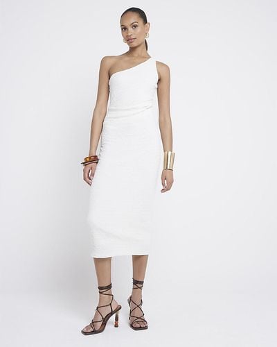 River Island Cream Textured Asymmetric Bodycon Midi Dress - White