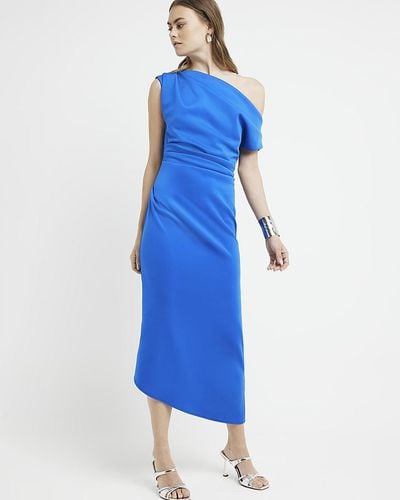 River Island Blue Asymmetric Bodycon Midi Dress