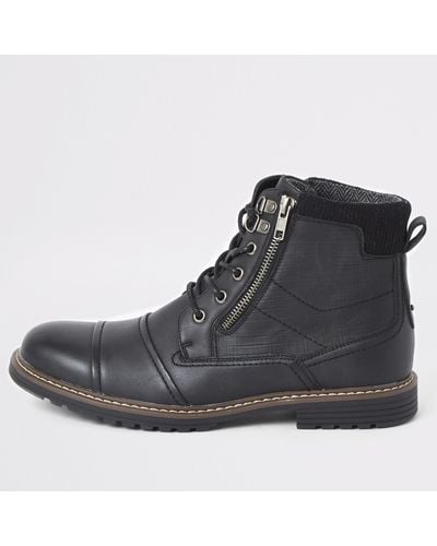 River Island Double Zip Lace-up Military Boots - Black