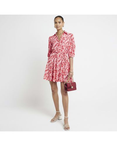 River Island Floral Belted Mini Shirt Dress - Red