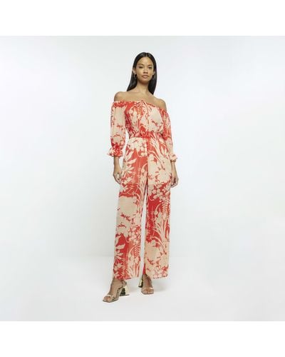 River Island Red Printed Bardot Jumpsuit - White