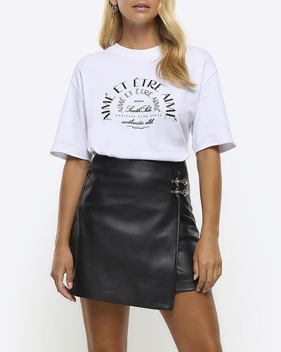 River Island Black Faux Leather Buckle Wrap Mini Skirt - White